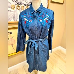NWT! TANZARA Denim Button Down Dress with Floral Embroidery